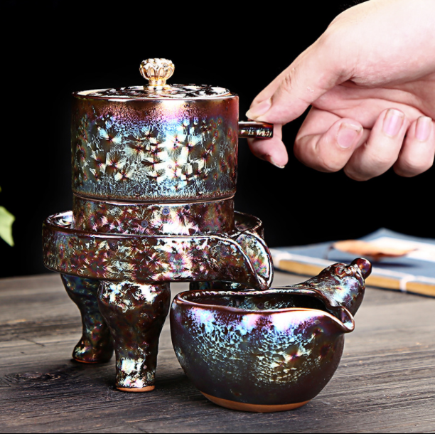 鎏金半自動(dòng)茶具，中式石磨功夫茶具