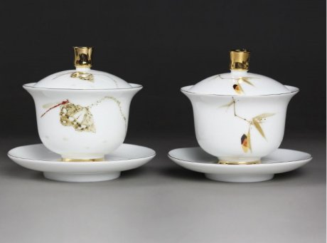 羊脂玉白瓷蓋碗，簡約描金白瓷茶具