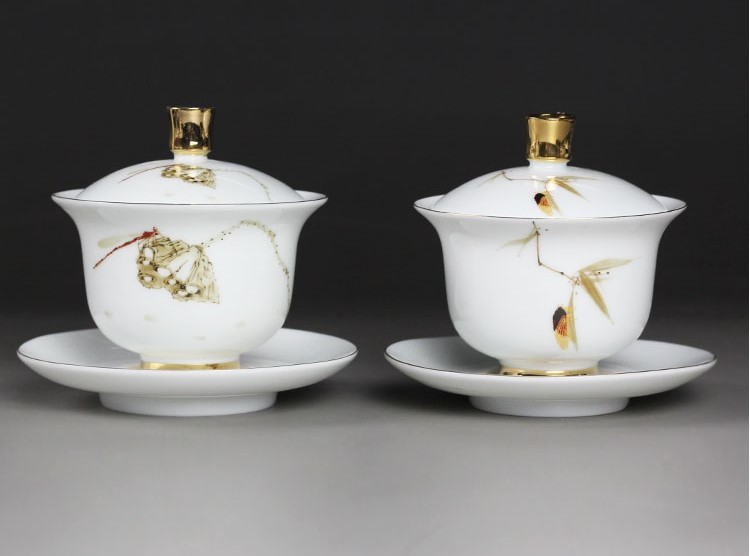 羊脂玉白瓷蓋碗，簡(jiǎn)約描金白瓷茶具