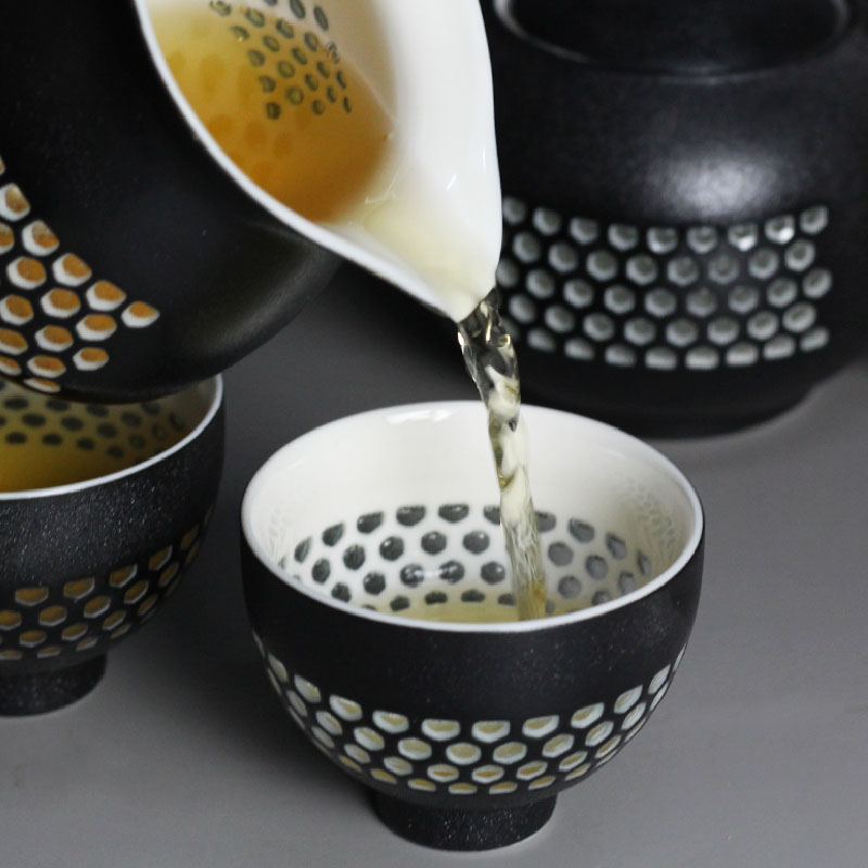 黑白蜂巢茶海，簡約粗陶功夫茶具