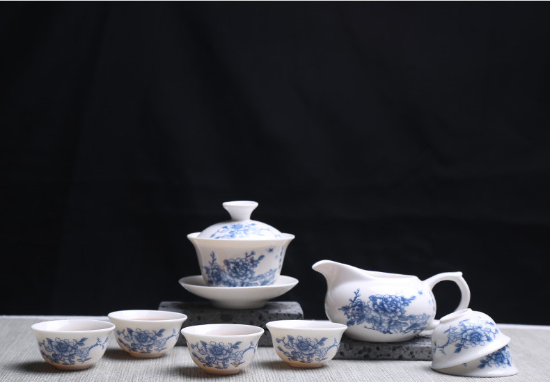 青花瓷茶具套裝禮盒，家用白瓷功夫茶具