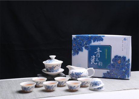青花瓷茶具套裝禮盒，家用白瓷功夫茶具