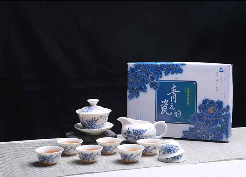 青花瓷茶具套裝禮盒，家用白瓷功夫茶具