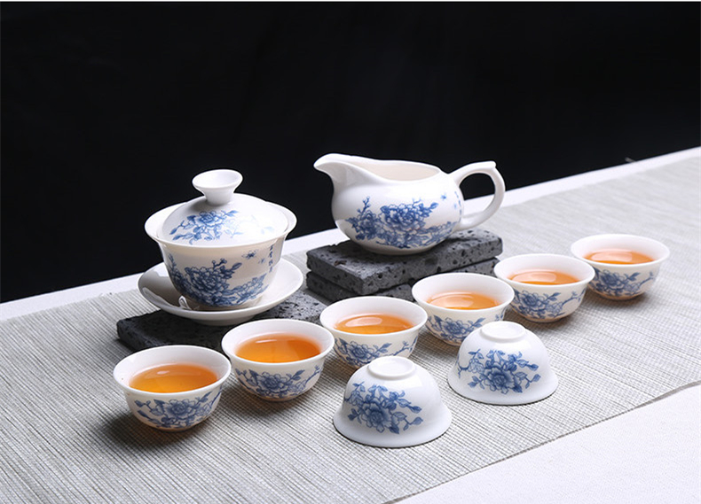 青花瓷茶具套裝禮盒，家用白瓷功夫茶具