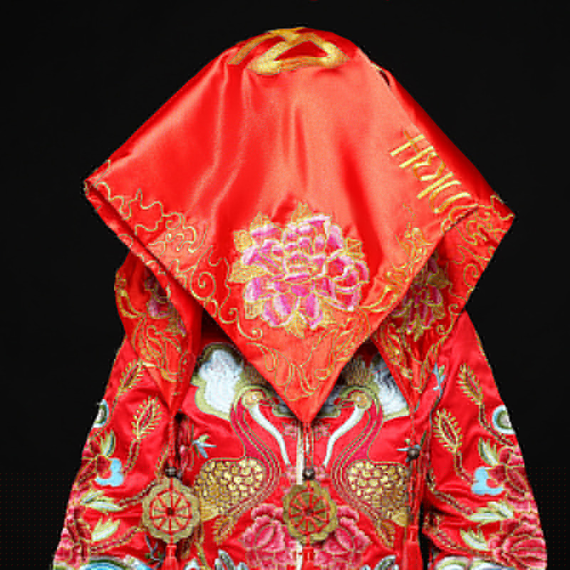 五款精美的新娘結(jié)婚紅蓋頭，中式刺繡喜帕蓋頭