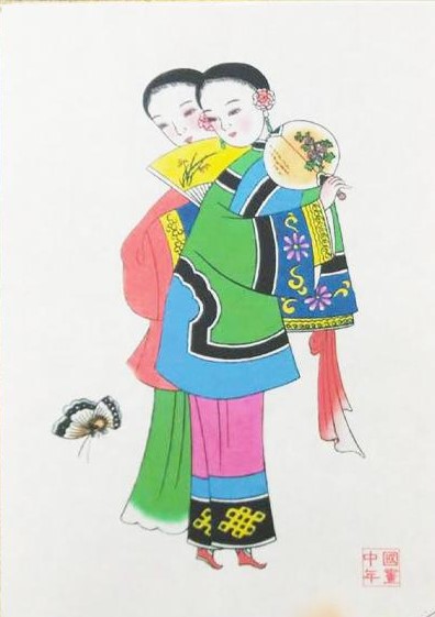 五款民間工藝年畫(huà)，手繪仕女木版年畫(huà)