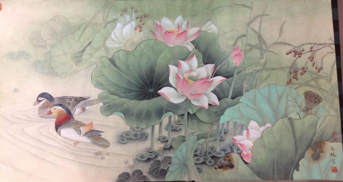 國(guó)畫荷花，鴛鴦戲水