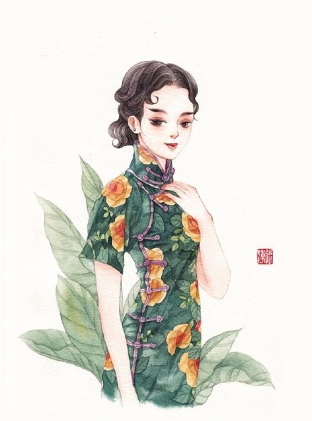 清新水彩旗袍女子插畫，唯美的古風(fēng)插畫圖集