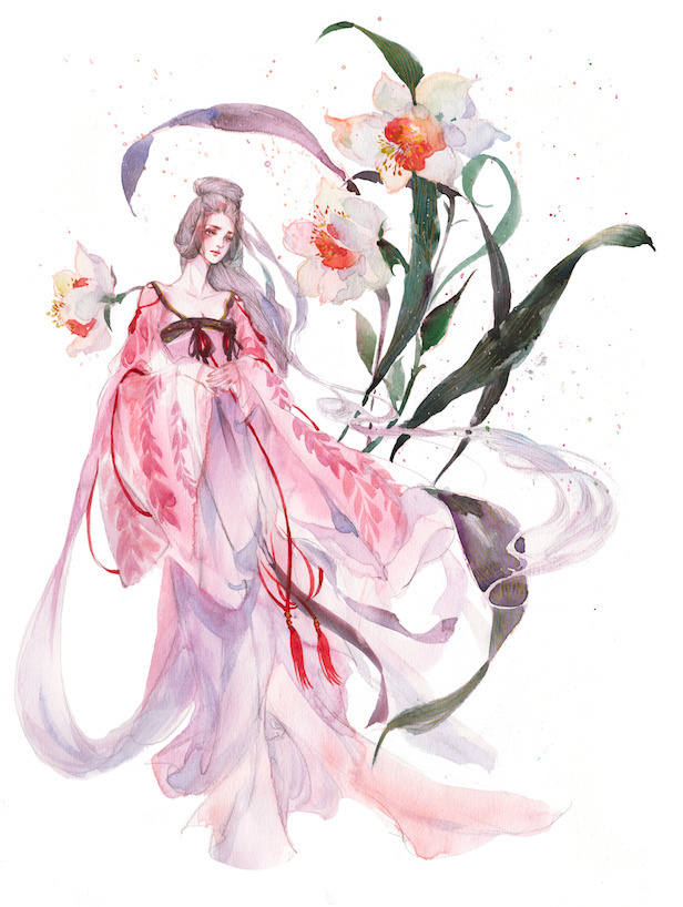 水彩古風(fēng)女子圖集，夢(mèng)幻粉色少女古風(fēng)圖片
