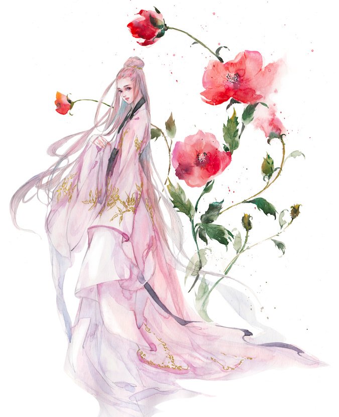 水彩古風女子圖集，夢幻粉色少女古風圖片