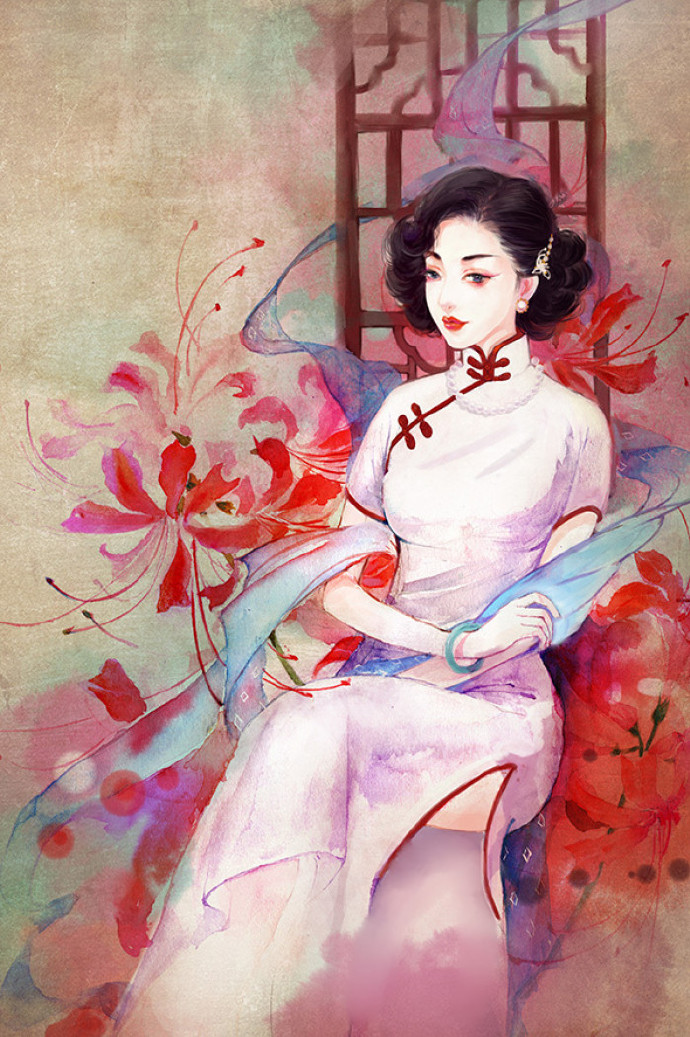 水彩旗袍女子圖集，超美插畫古風圖片