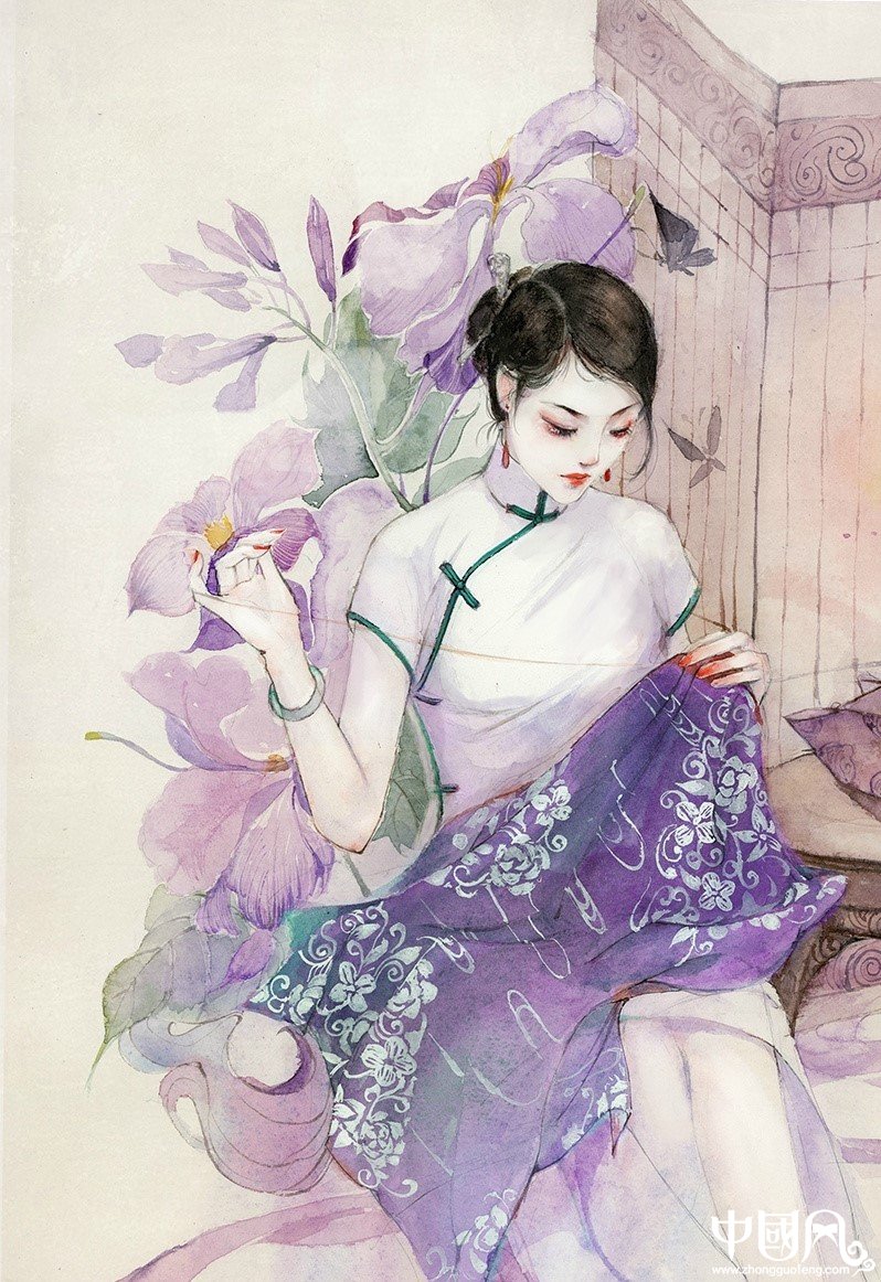 水彩旗袍女子圖集，超美插畫古風(fēng)圖片