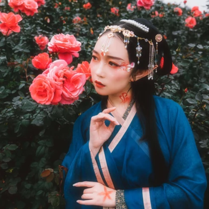 花間賞花女生頭像，唯美古風真人頭像