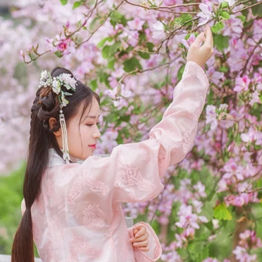 繁花盛開帶團(tuán)扇女生頭像，唯美古風(fēng)真人頭像