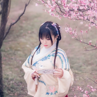 漫天桃花帶折扇女生頭像，唯美古風(fēng)真人頭像