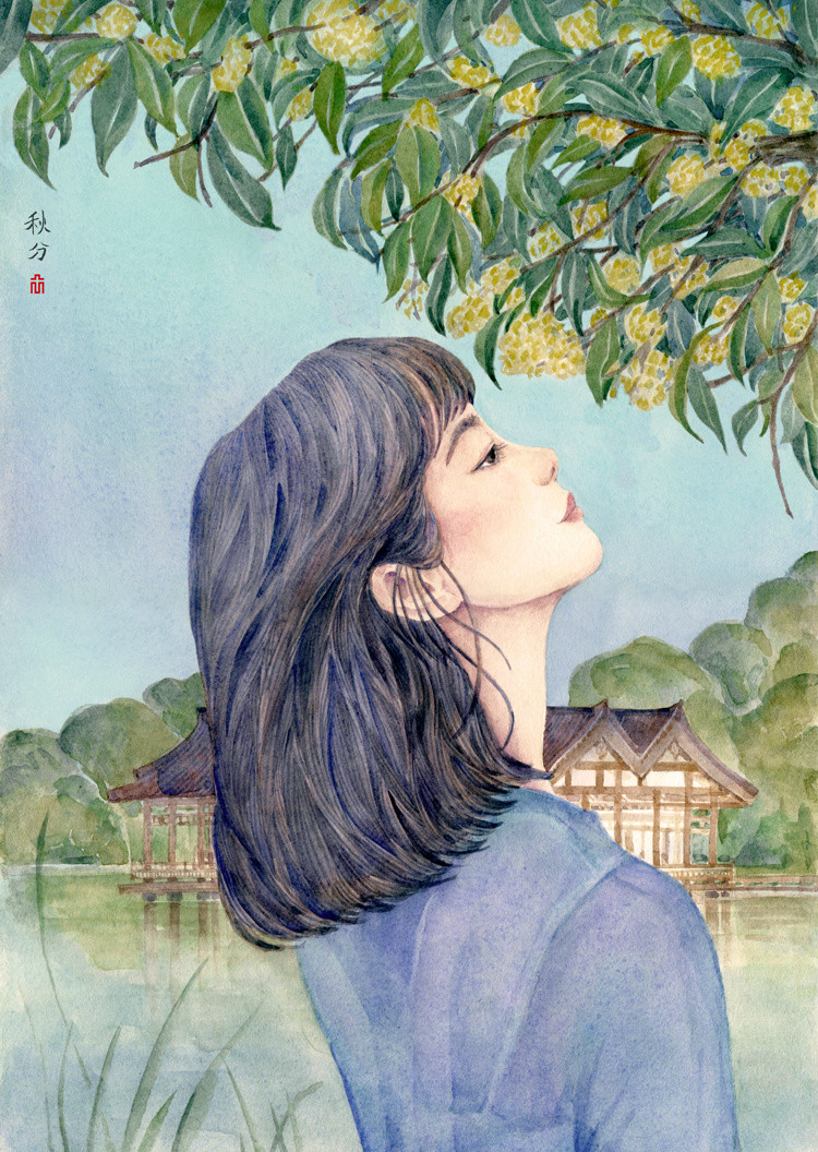24節(jié)氣水彩手繪插畫，清新淡雅唯美女子插畫