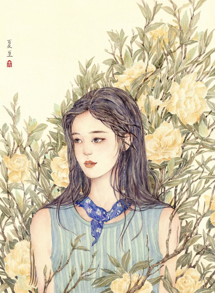 24節(jié)氣水彩手繪插畫，清新淡雅唯美女子插畫