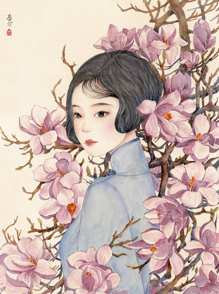 24節(jié)氣水彩手繪插畫，清新淡雅唯美女子插畫