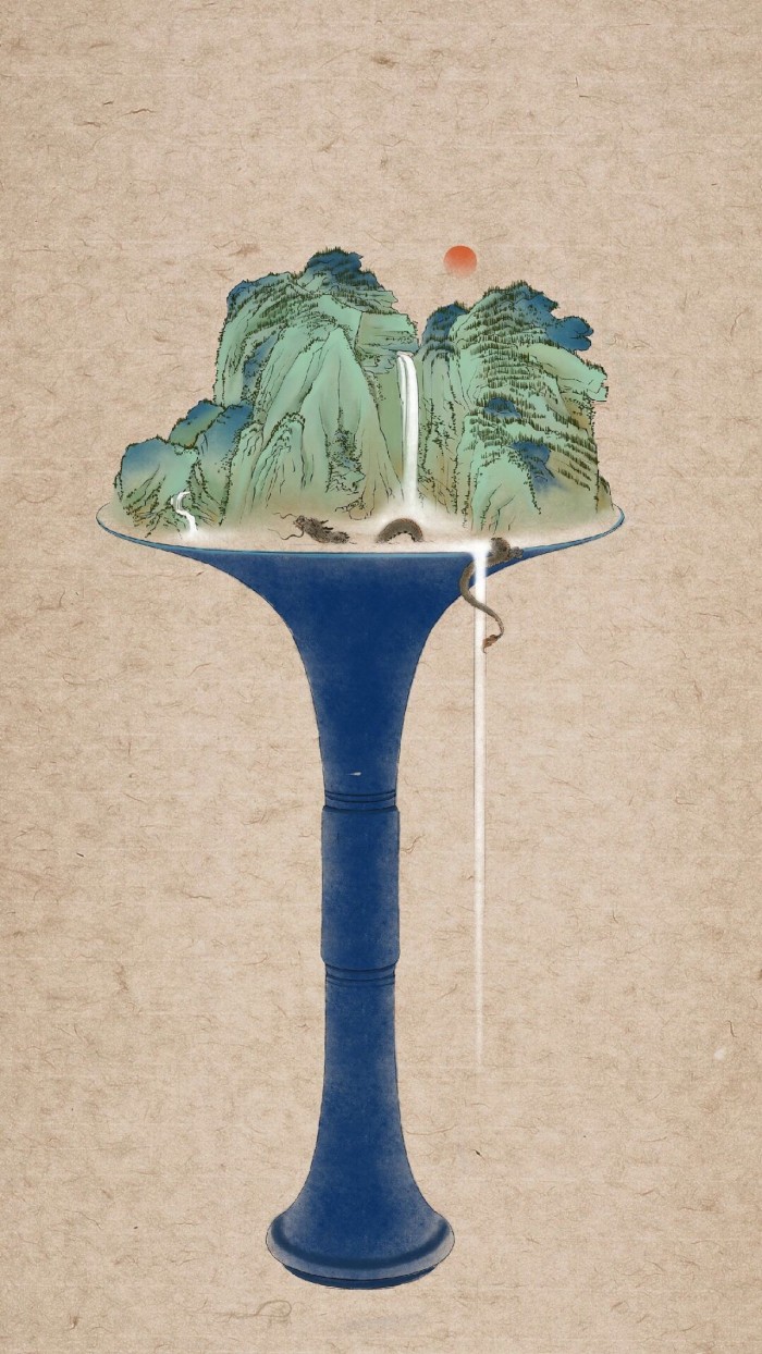 器具上的山河插畫(huà)，中國(guó)風(fēng)創(chuàng)意手繪插畫(huà)