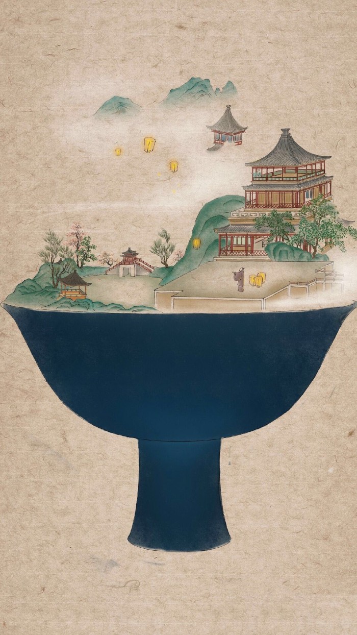 器具上的山河插畫(huà)，中國(guó)風(fēng)創(chuàng)意手繪插畫(huà)