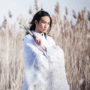 雪飄帶折扇白衣男生頭像，唯美古風真人頭像