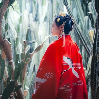 紅衣仙鶴帶傘女生頭像，唯美古風(fēng)真人頭像