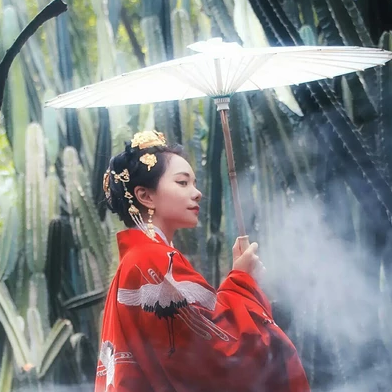 紅衣仙鶴帶傘女生頭像，唯美古風(fēng)真人頭像