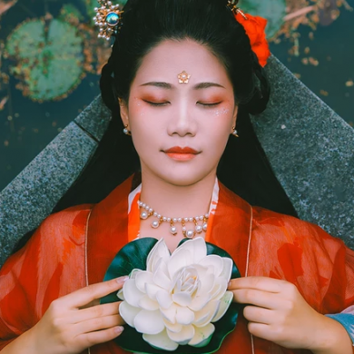 蓮池邊帶紅傘紅衣女生頭像，唯美古風(fēng)真人頭像