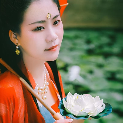 蓮池邊帶紅傘紅衣女生頭像，唯美古風(fēng)真人頭像