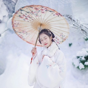 雪中團(tuán)花帶傘女子頭像，唯美古真人頭像