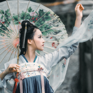 兩組齊胸襦裙?jié)h服女子頭像，唯美古風真人頭像