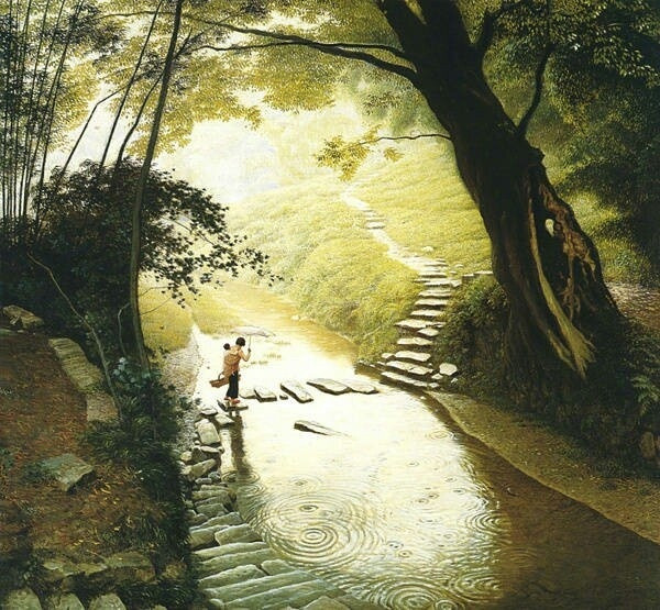 中國(guó)風(fēng)山水村莊油畫(huà)插畫(huà)