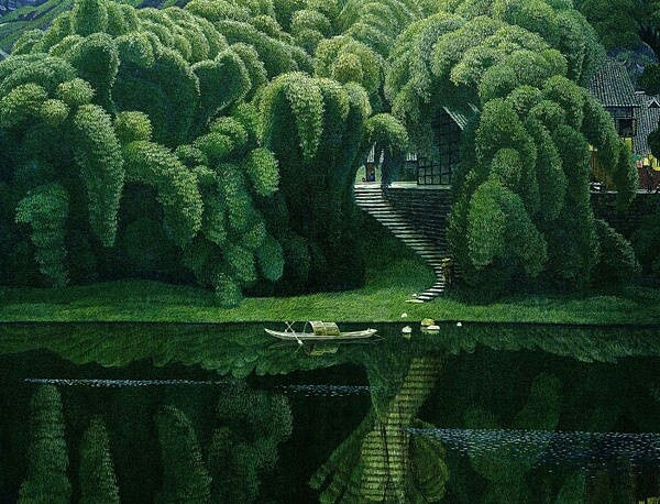 中國(guó)風(fēng)山水村莊油畫(huà)插畫(huà)