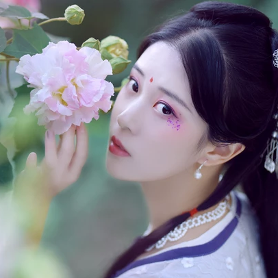 紅花綠葉帶團(tuán)扇女生頭像，唯美古風(fēng)真人頭像