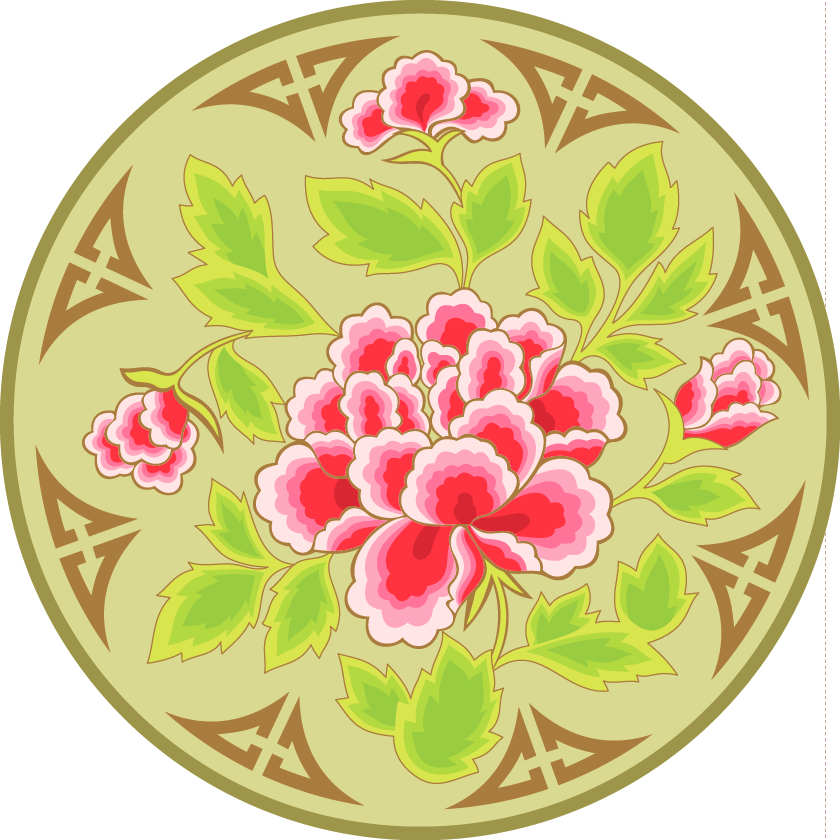 中國(guó)傳統(tǒng)刺繡牡丹花圓形圖案，矢量素材A