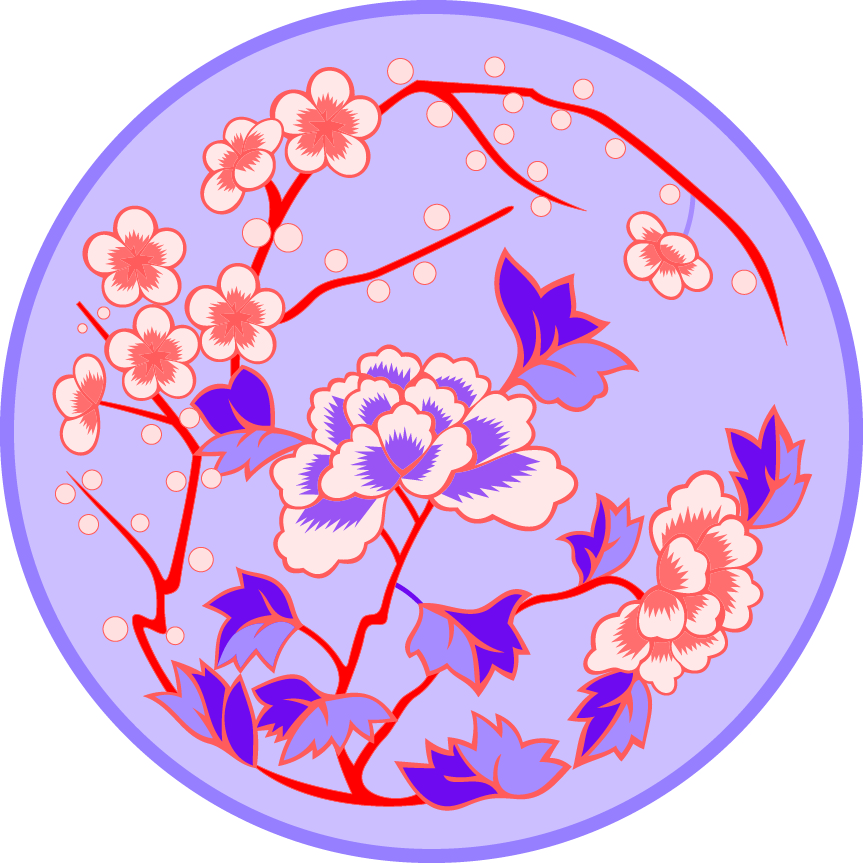 中國(guó)傳統(tǒng)刺繡桃花牡丹花圓形圖案，矢量素材